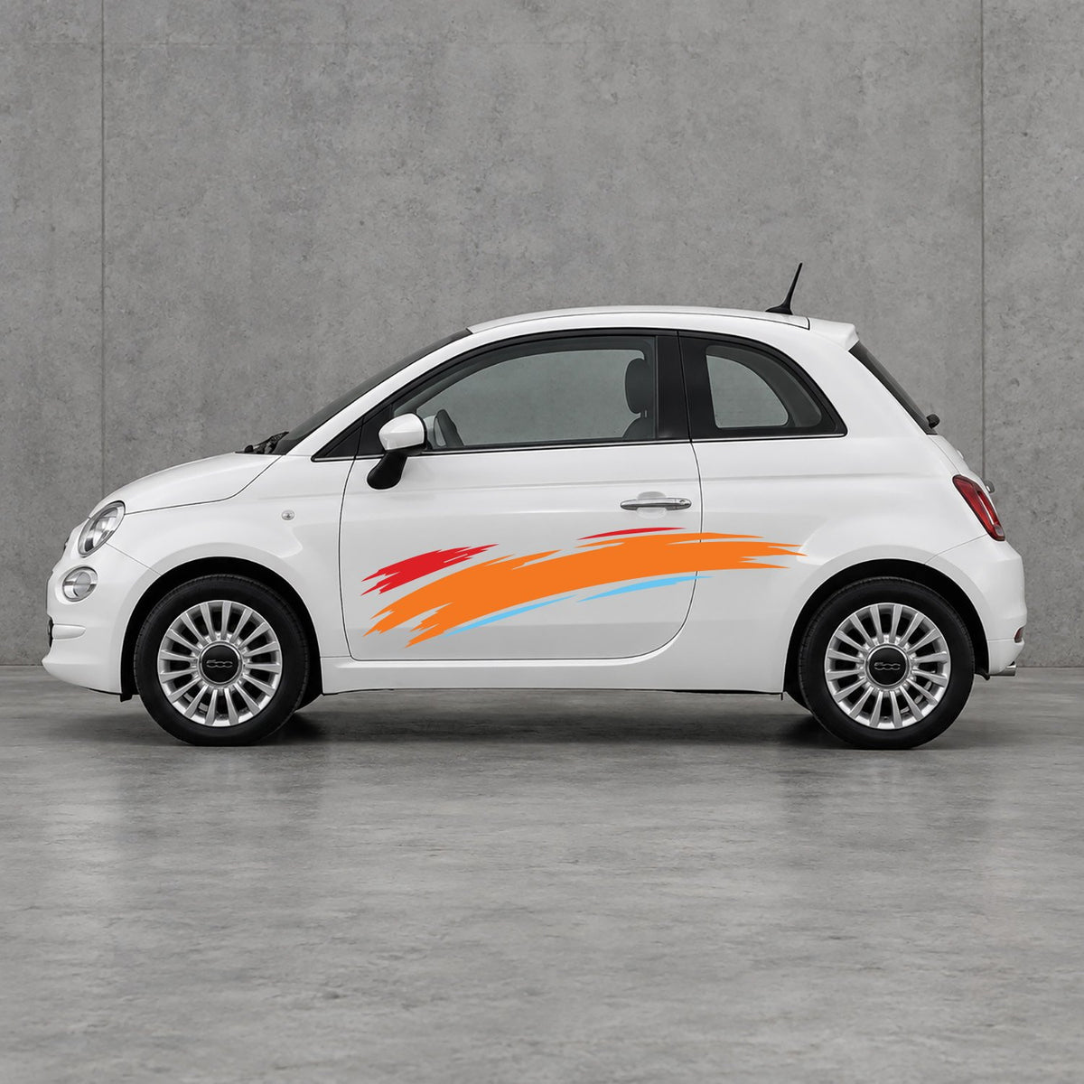 Fiat 500 Italian Red Brush Side Graphics Kit - Pair Supplied in Light Blue & Orange