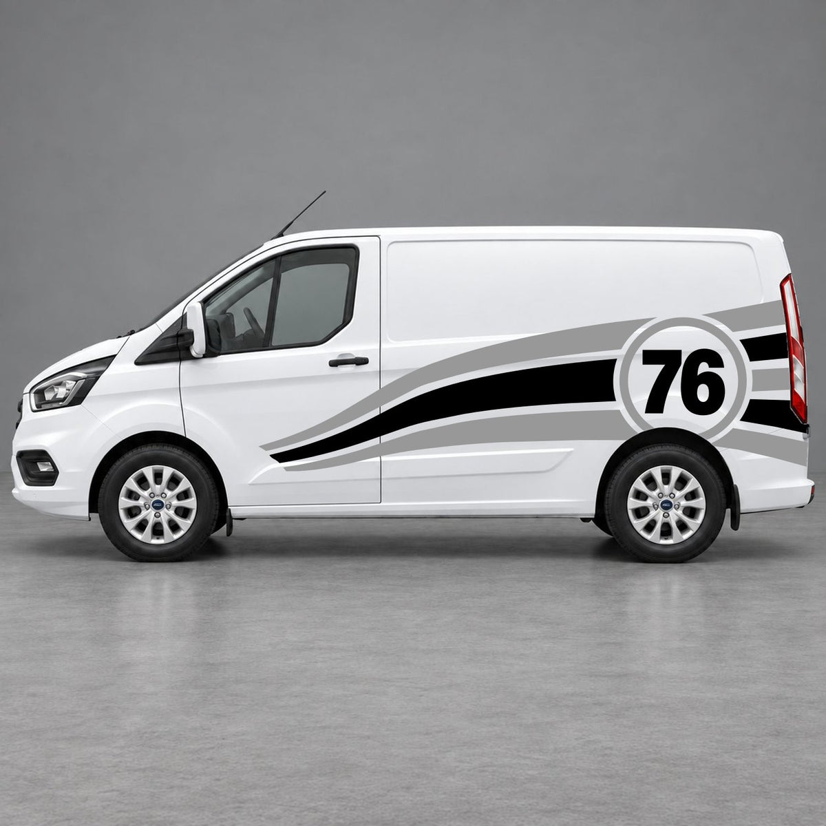 Ford Transit Custom Personalised Number 76 Racing Side Graphics in Grey & Black