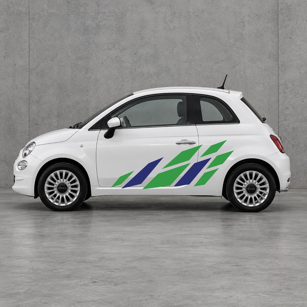 Fiat 500 Racing Flag Side Graphics Kit - Pair Supplied in Green & Navy Blue