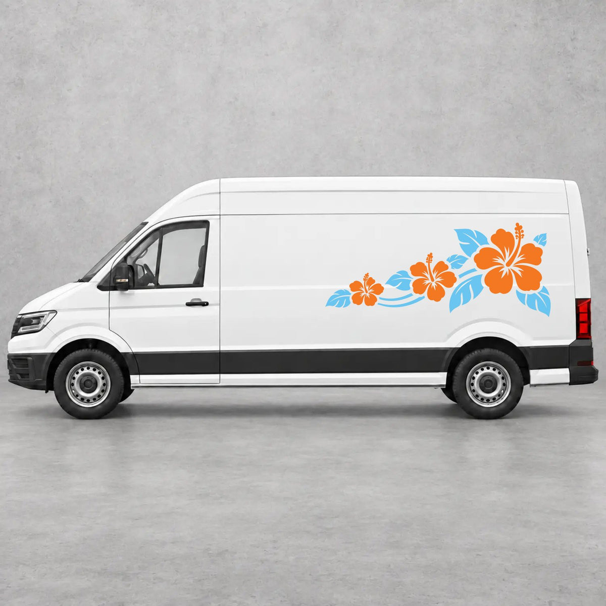 VW Crafter Hibiscus Flower Trail Side Graphics in Light Blue & Orange