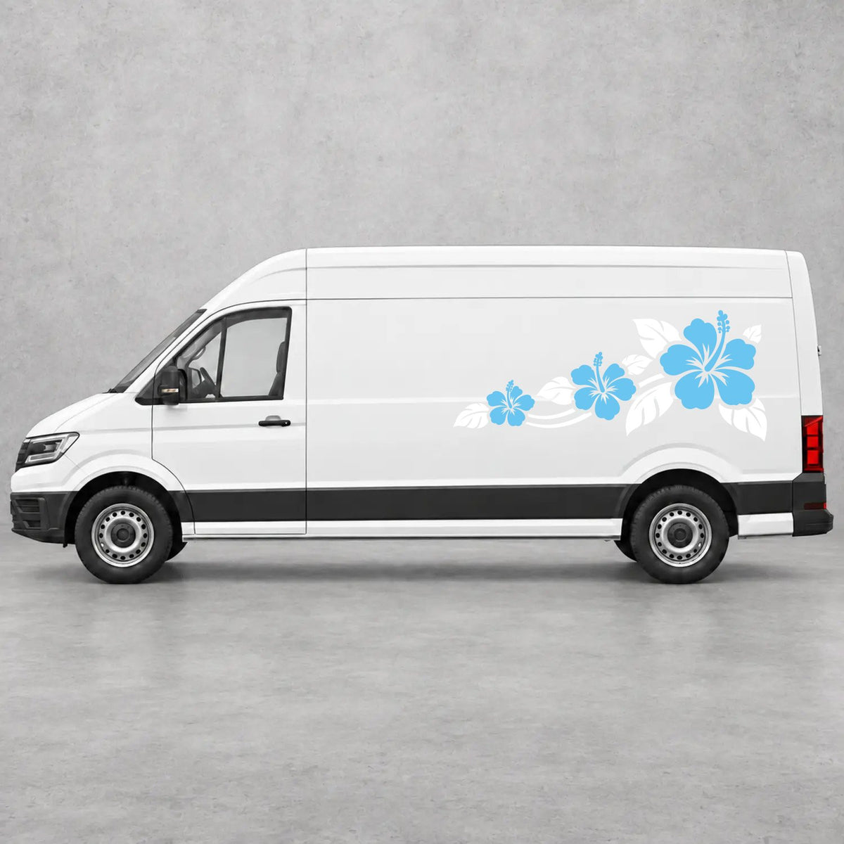VW Crafter Hibiscus Flower Trail Side Graphics in White & Light Blue