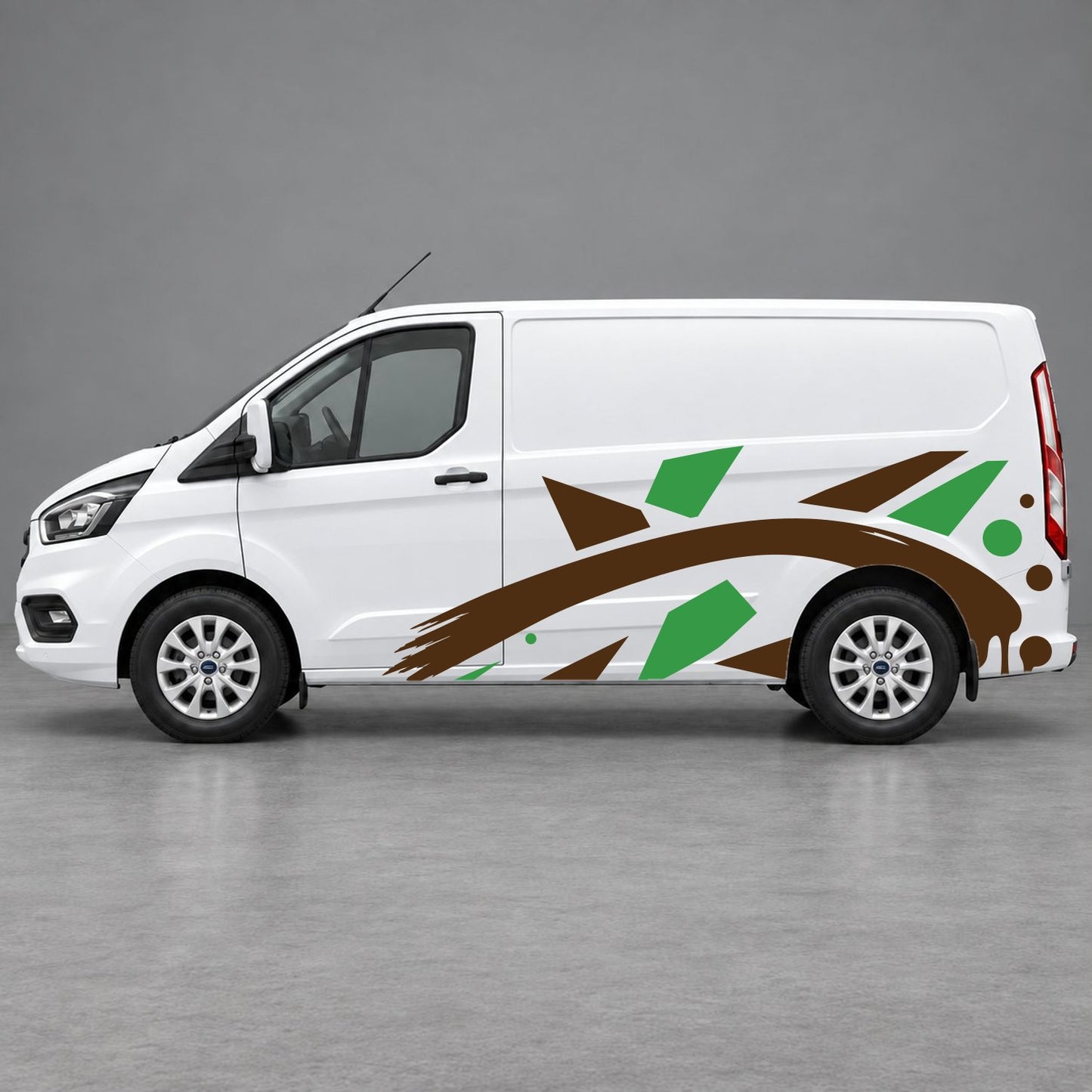 Ford Transit Custom Abstract Geometric Splash Side Graphics in Green & Brown