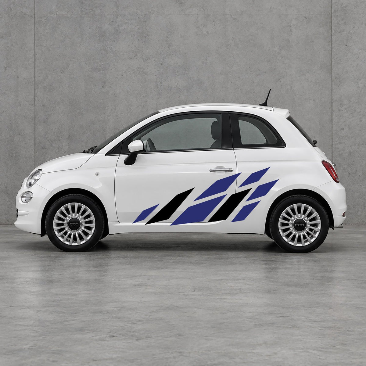 Fiat 500 Racing Flag Side Graphics Kit - Pair Supplied in Navy Blue & Black