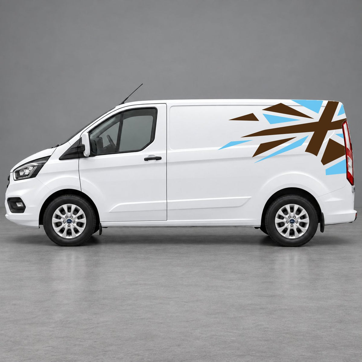 Ford Transit Custom Shattered Union Jack Side Graphics in Light Blue & Brown