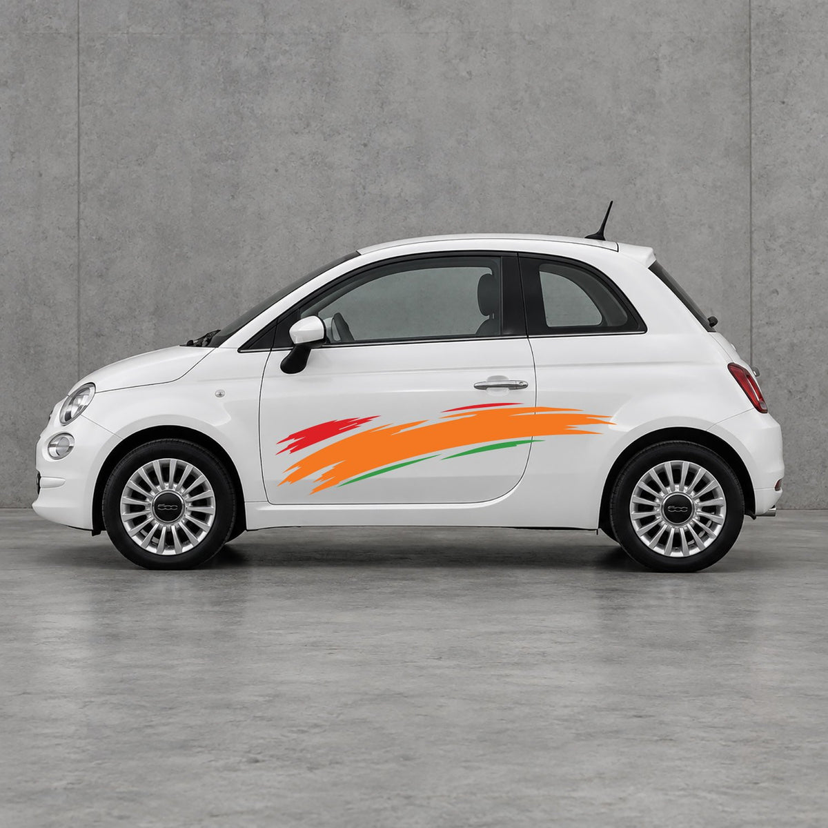 Fiat 500 Italian Red Brush Side Graphics Kit - Pair Supplied in Green & Orange