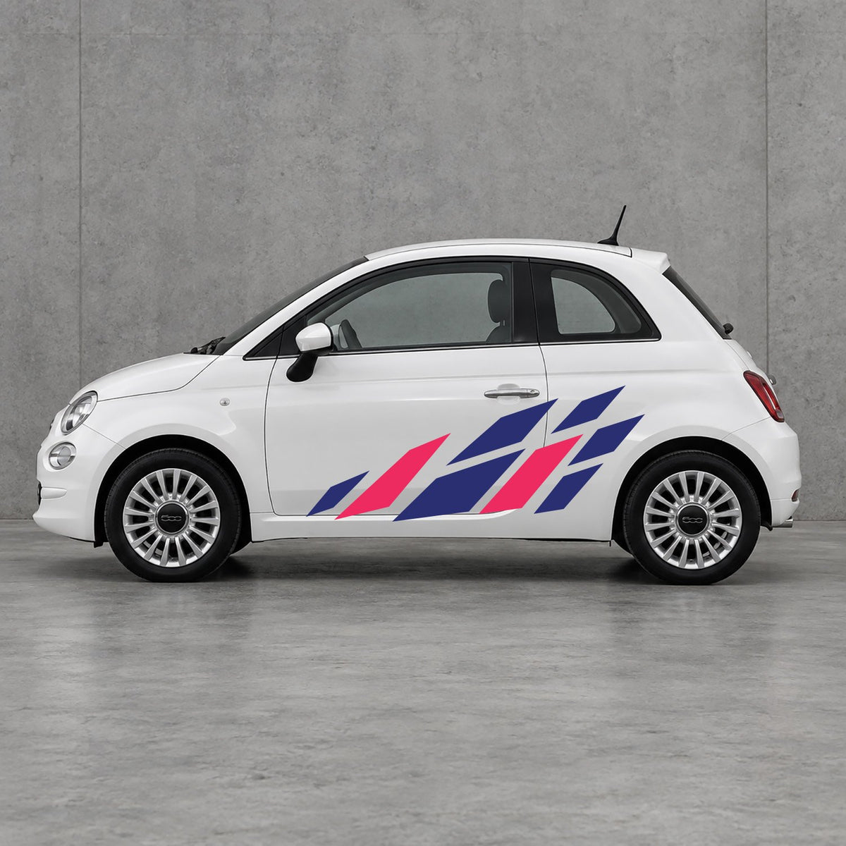 Fiat 500 Racing Flag Side Graphics Kit - Pair Supplied in Navy Blue & Pink
