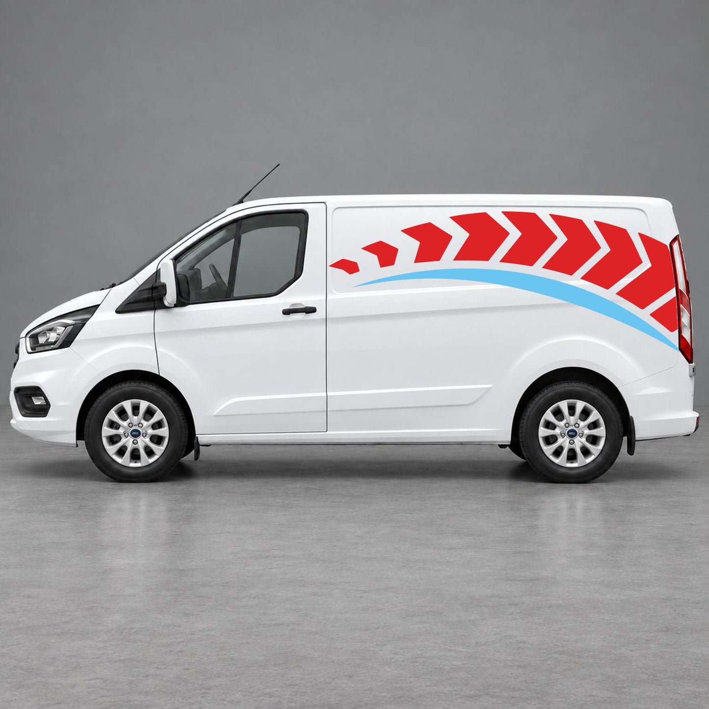 Ford Transit Custom Chevron Track Side Graphics in Red & Light Blue