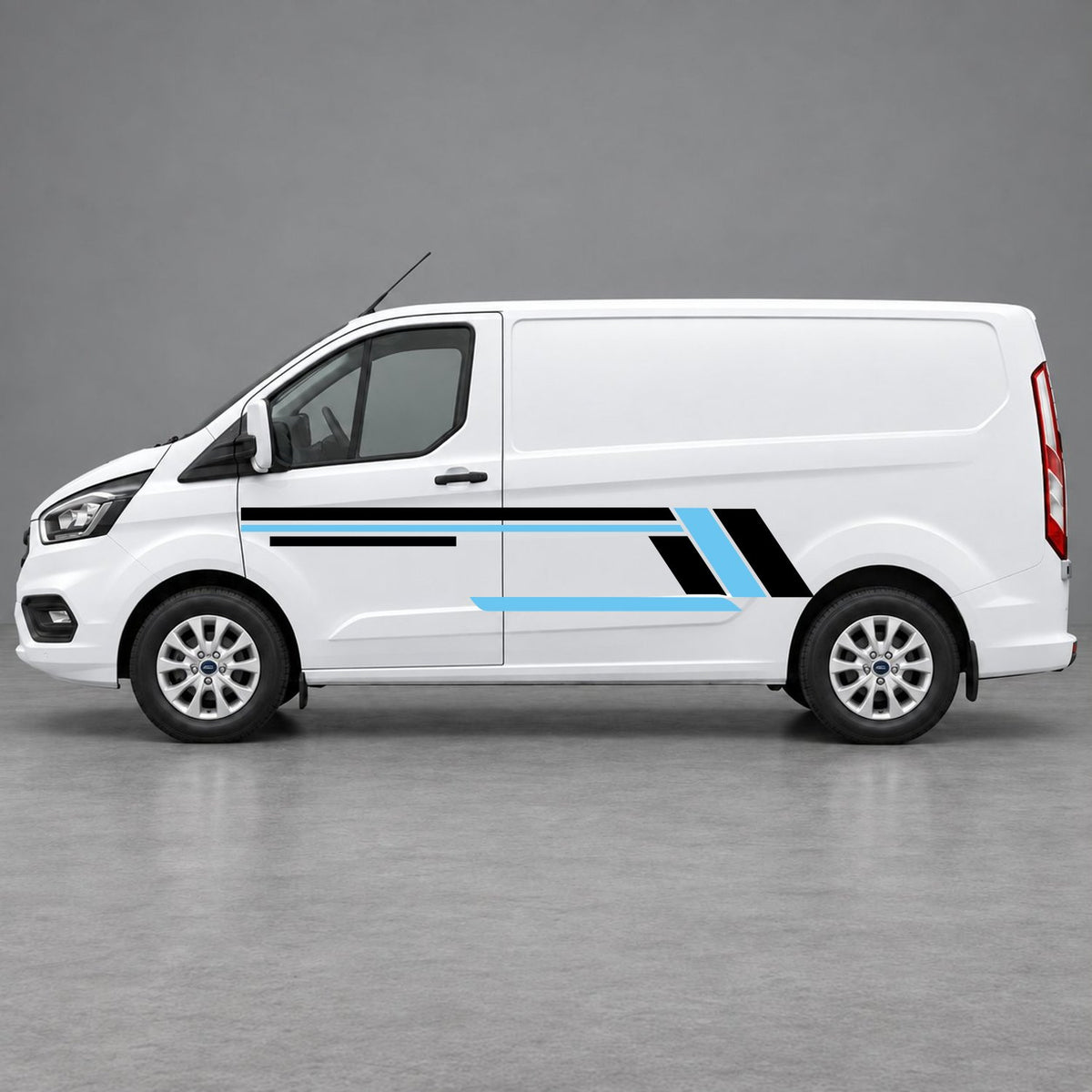 Ford Transit Custom Geometric Outline Side Stripes in Black & Light Blue
