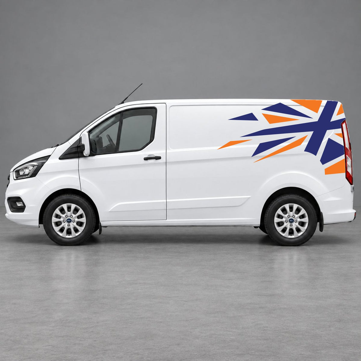 Ford Transit Custom Shattered Union Jack Side Graphics in Orange & Navy Blue