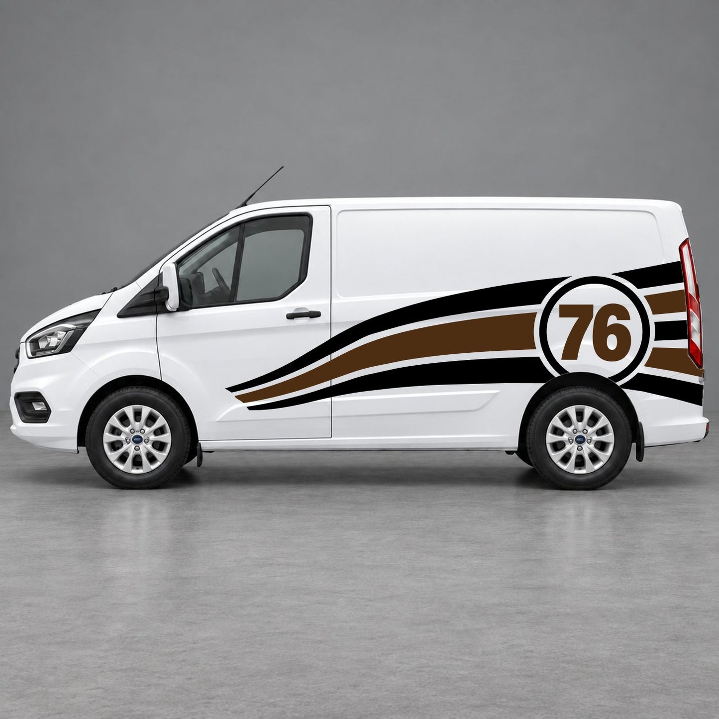 Ford Transit Custom Personalised Number 76 Racing Side Graphics in Black & Brown
