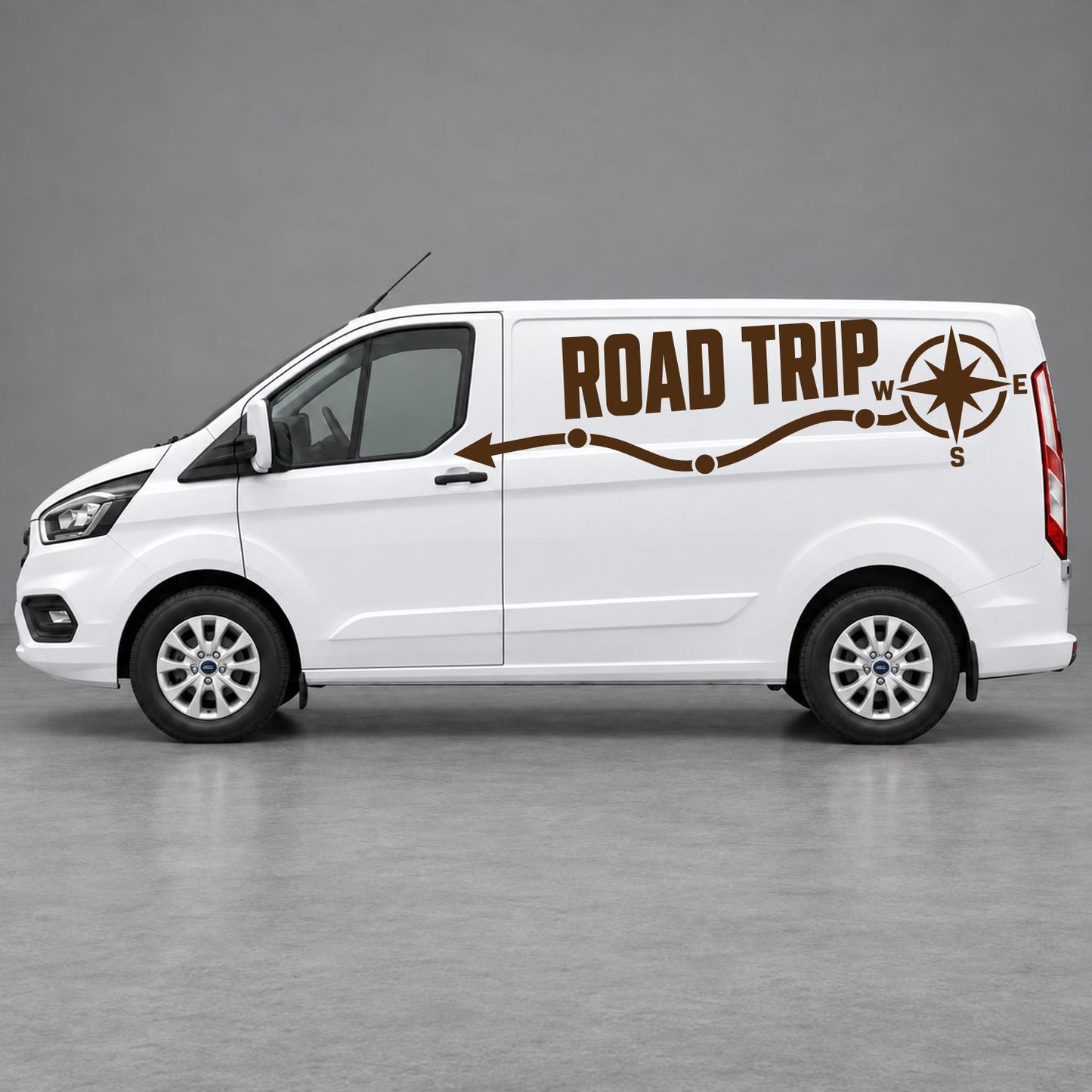 Ford Transit Custom Road Trip Route & Compass Side Graphics in Brown & Brown