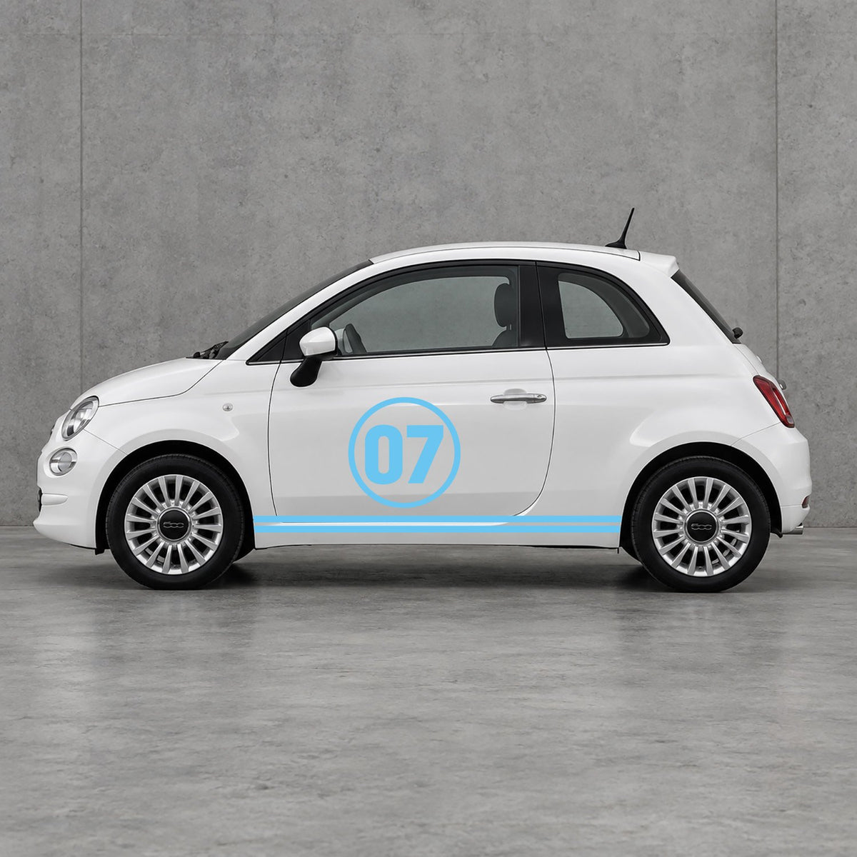 Fiat 500 Choose Your Number Racing Stripes Kit - Pair Supplied in Light Blue