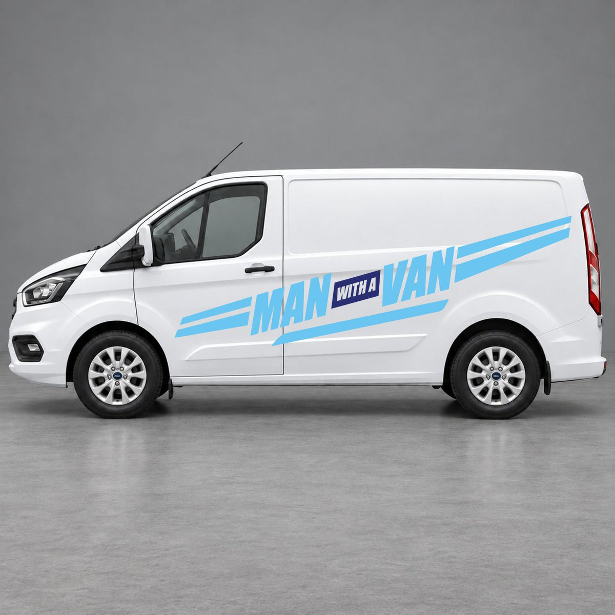 Ford Transit Custom Man with a Van Side Stripes in Light Blue & Navy Blue