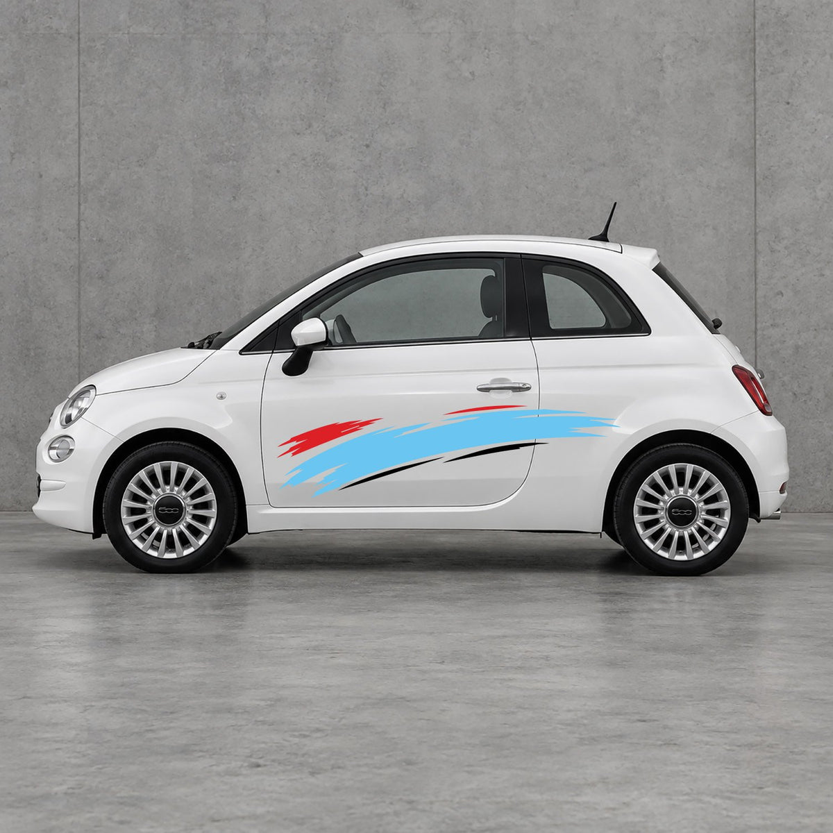 Fiat 500 Italian Red Brush Side Graphics Kit - Pair Supplied in Black & Light Blue