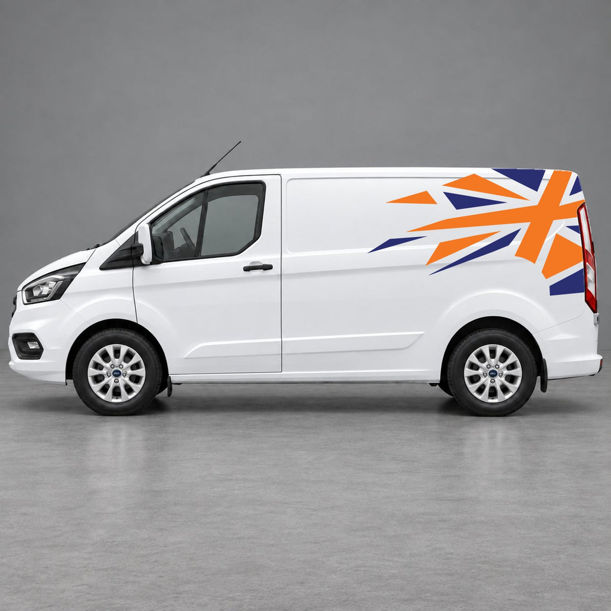 Ford Transit Custom Shattered Union Jack Side Graphics in Navy Blue & Orange
