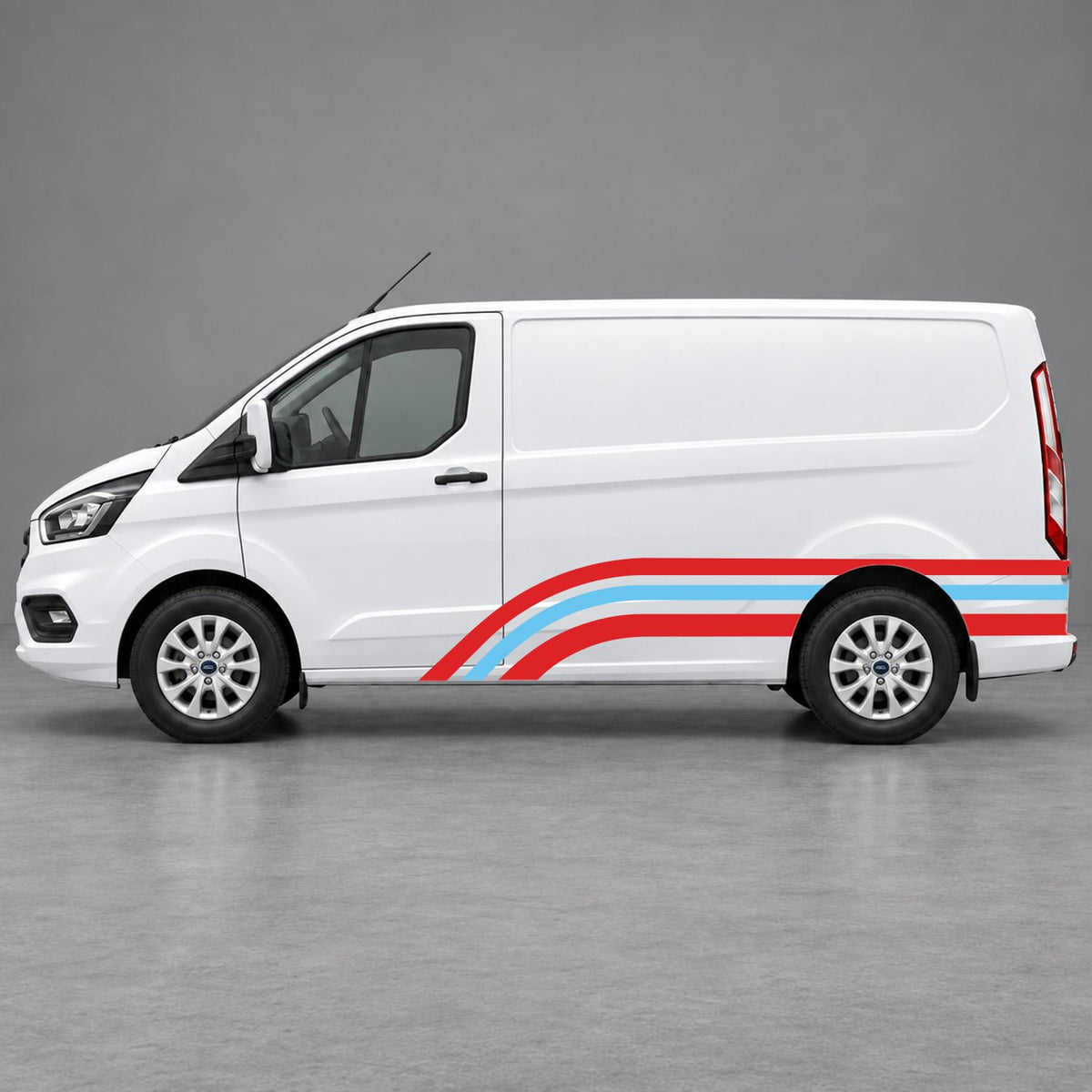 Ford Transit Custom Retro Triple-Arch Side Stripes in Red & Light Blue