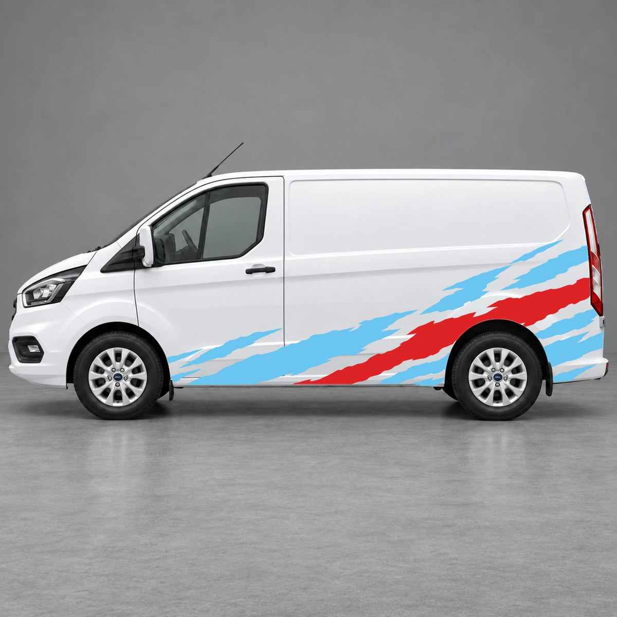 Ford Transit Custom Claw Scratch Side Graphics in Light Blue & Red