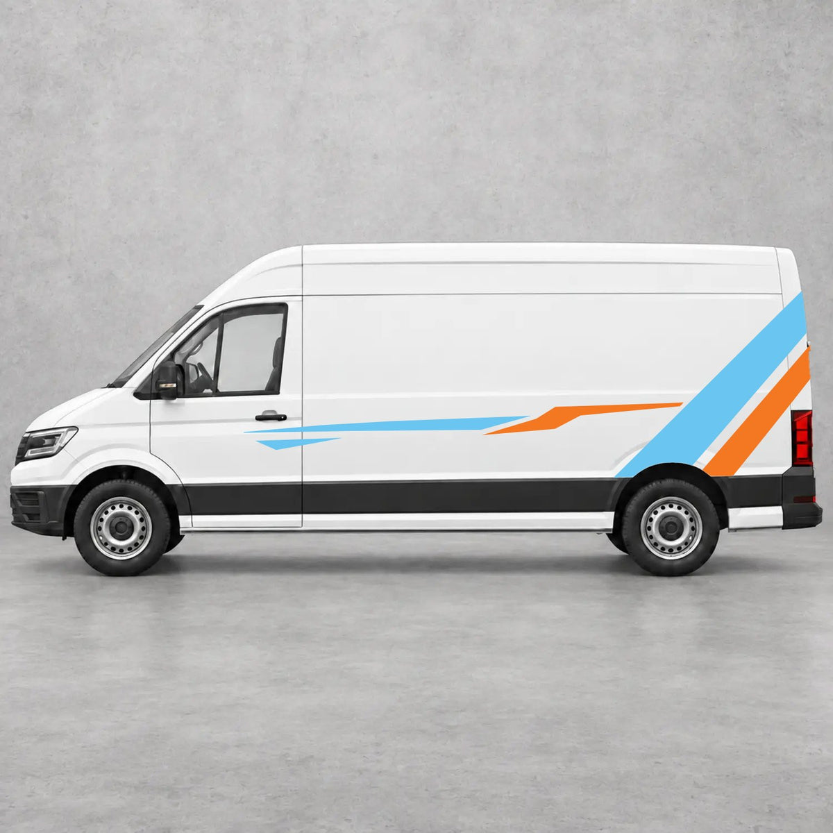 VW Crafter Bold Rear Diagonal Side Stripes in Light Blue & Orange