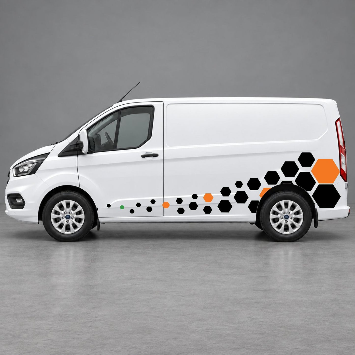 Ford Transit Custom Lower Hexagon Fade Side Graphics in Green & Orange