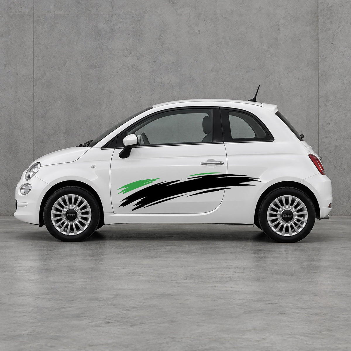 Fiat 500 Italian Green Brush Side Graphics Kit - Pair Supplied in Black & Black