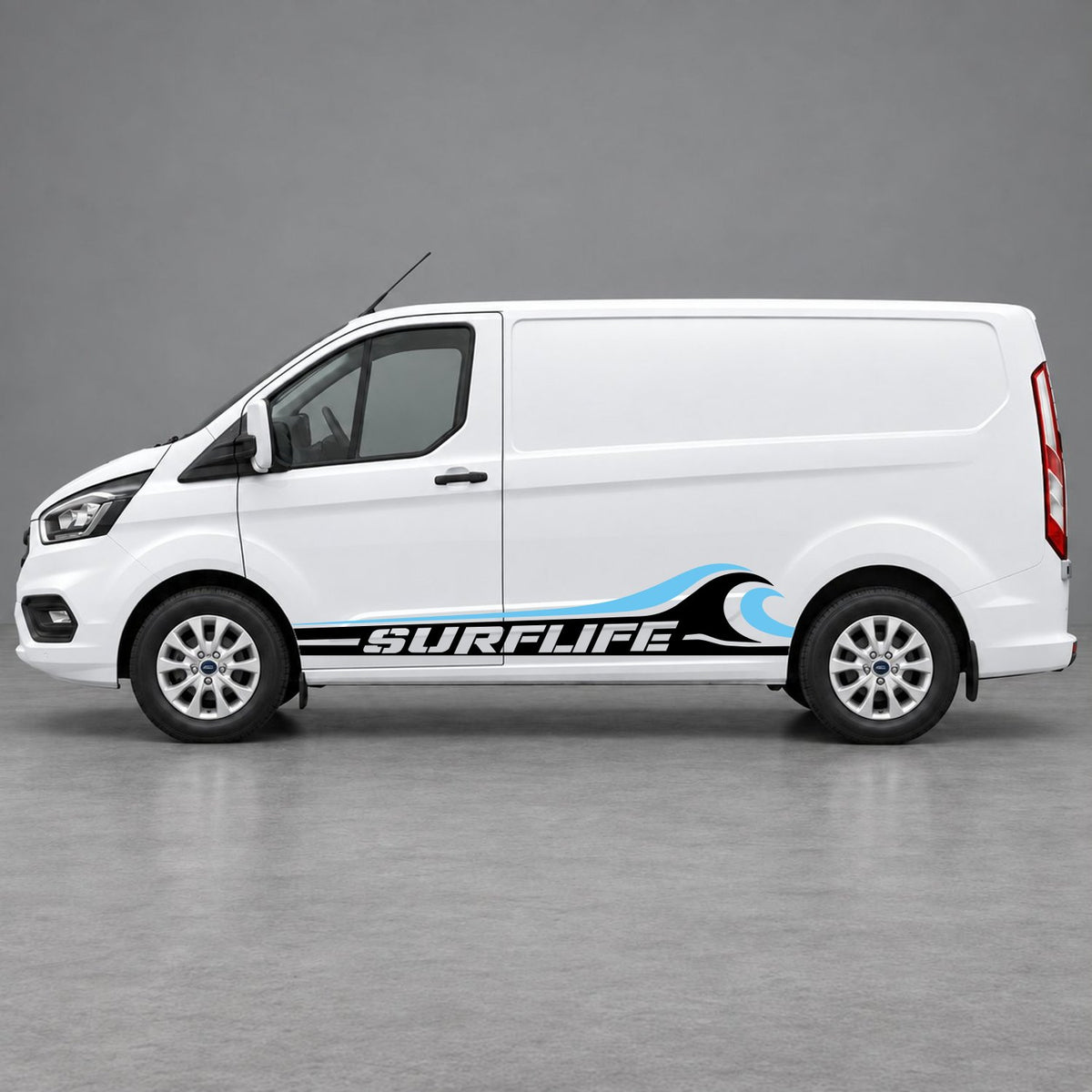 Ford Transit Custom Surflife Wave Side Stripes in Black & Light Blue