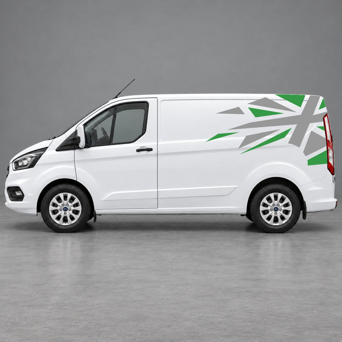 Ford Transit Custom Shattered Union Jack Side Graphics in Green & Grey