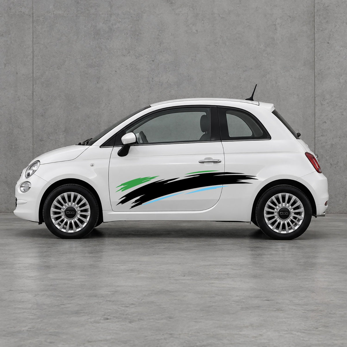 Fiat 500 Italian Green Brush Side Graphics Kit - Pair Supplied in Black & Light Blue