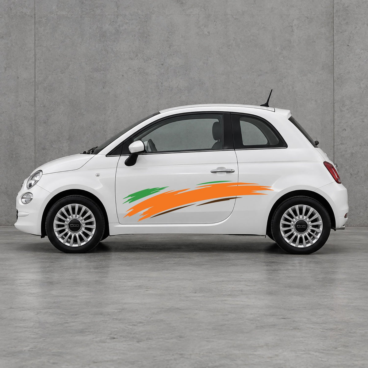 Fiat 500 Italian Green Brush Side Graphics Kit - Pair Supplied in Orange & Brown