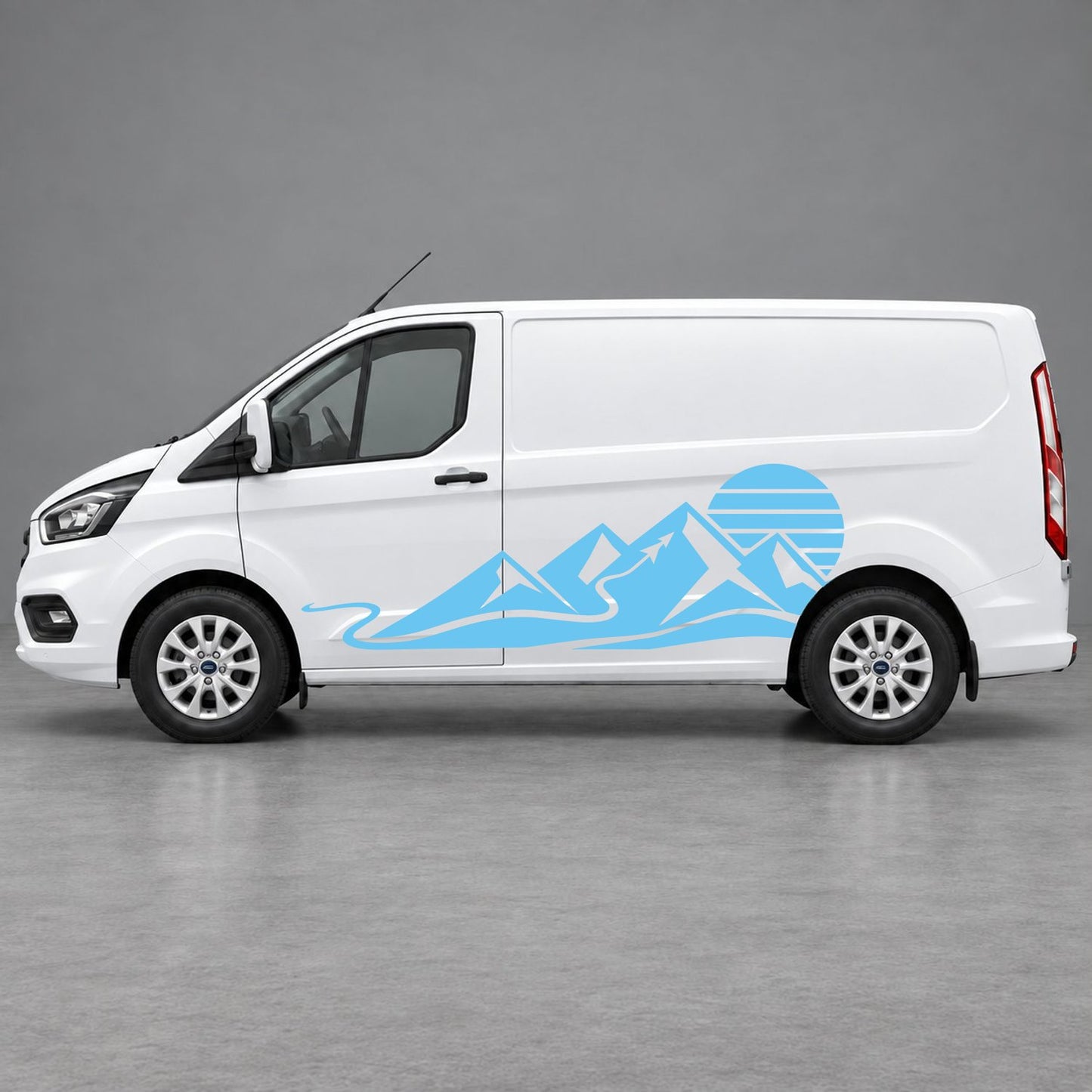 Ford Transit Custom Mountain Sunset Landscape Side Graphics in Light Blue