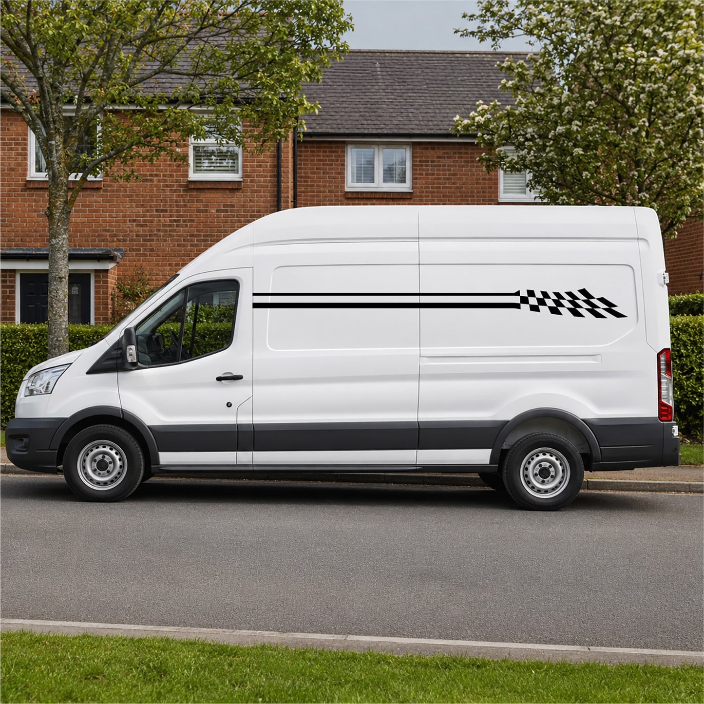 White Ford Transit van with black twin racing stripe and chequered tail side decal