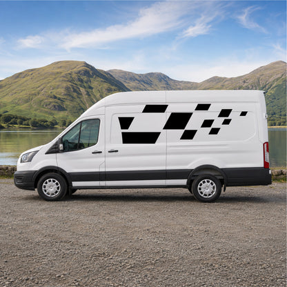 White Ford Transit van with black geometric motorsport block side graphics
