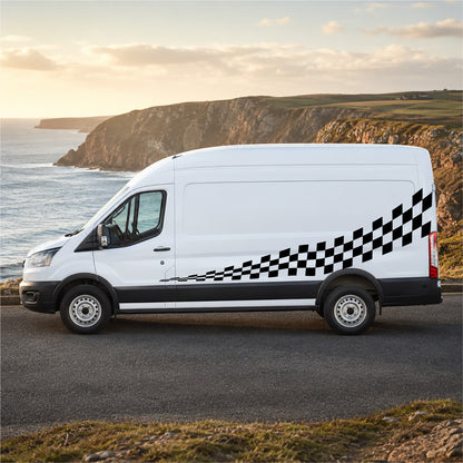 White Ford Transit van with black rising chequered flag side graphic decal