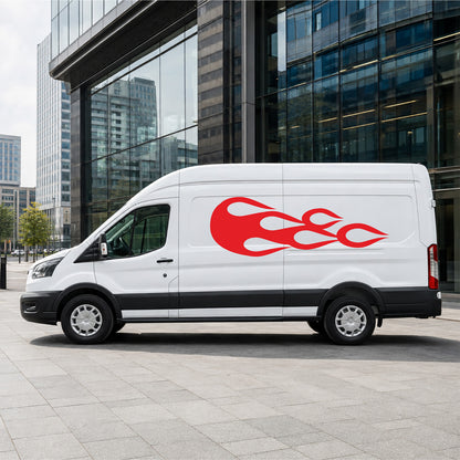 White Ford Transit van with red tribal flame side graphic decal