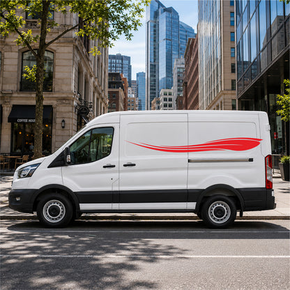 White Ford Transit van with red streamline swoosh side stripe decal
