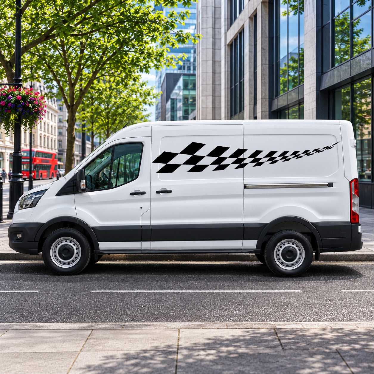 White Ford Transit van with black tapered chequered racing stripe side decal