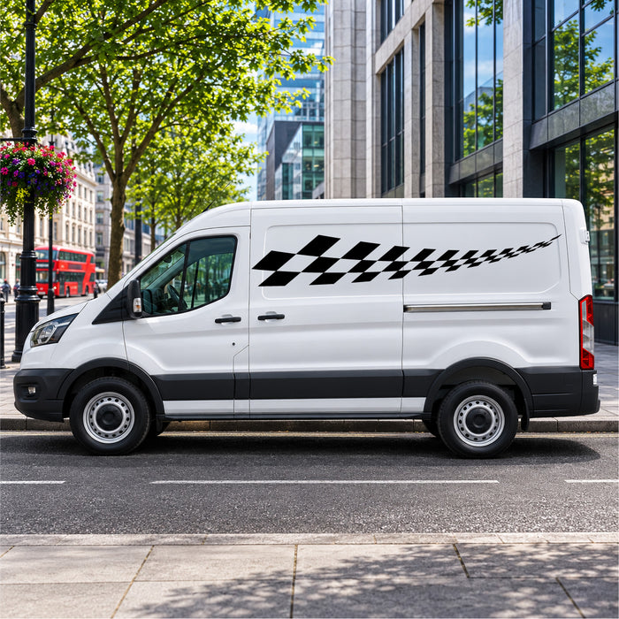 White Ford Transit van with black tapered chequered racing stripe side decal