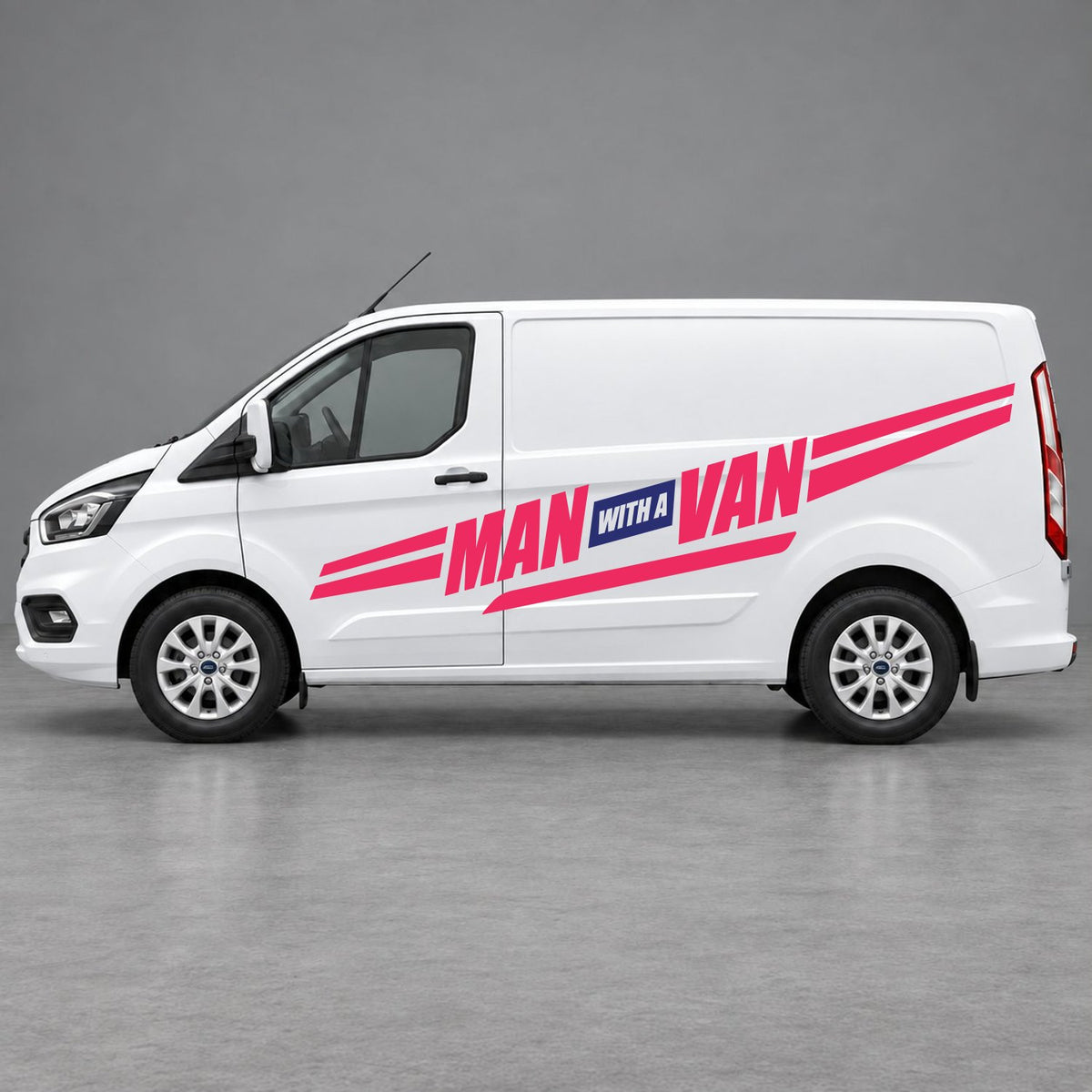 Ford Transit Custom Man with a Van Side Stripes in Pink & Navy Blue