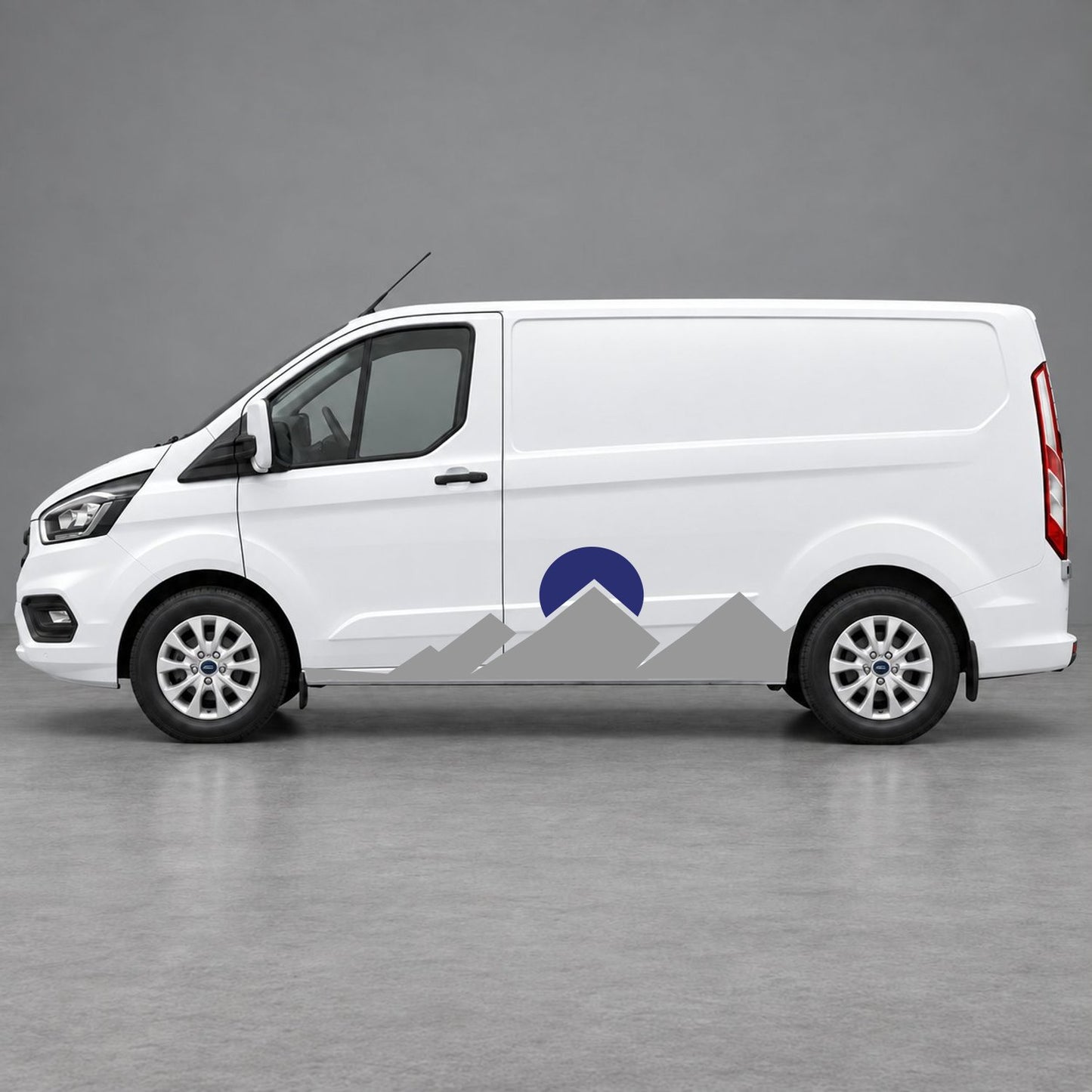 Ford Transit Custom Minimal Mountain Peak Side Graphics in Grey & Navy Blue