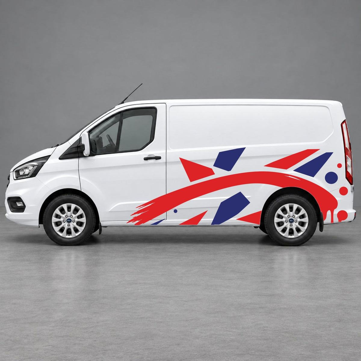 Ford Transit Custom Abstract Geometric Splash Side Graphics in Navy Blue & Red