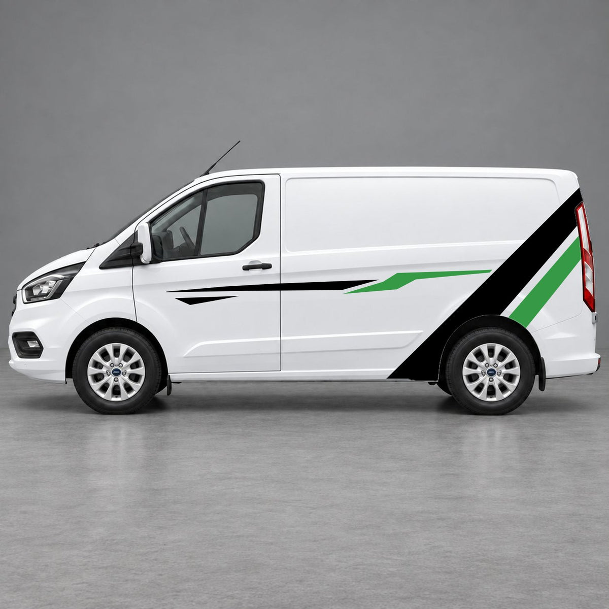 Ford Transit Custom Bold Rear Diagonal Side Stripes in Black & Green
