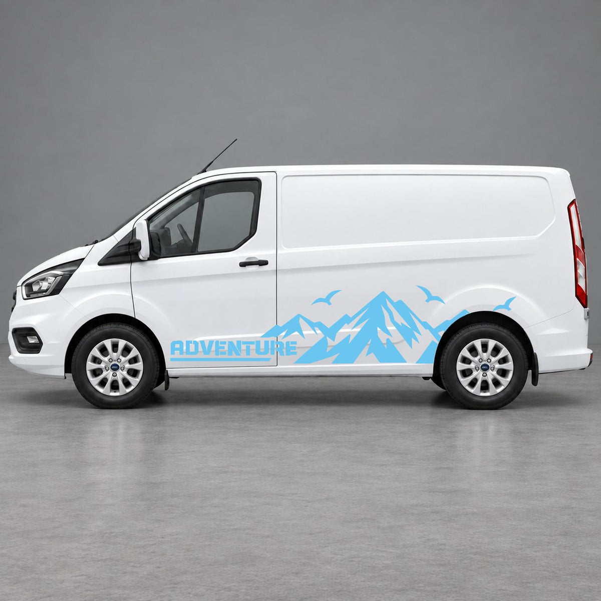 Ford Transit Custom Adventure Mountain Side Graphics in Light Blue