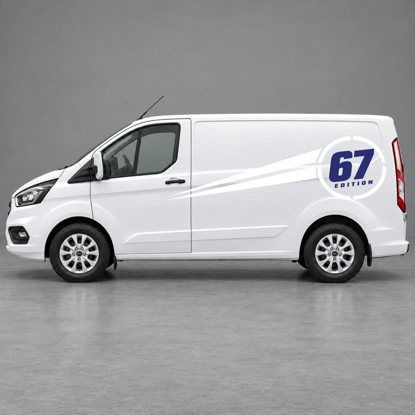 Ford Transit Custom Personalised Number Edition Side Stripes in White & Navy Blue