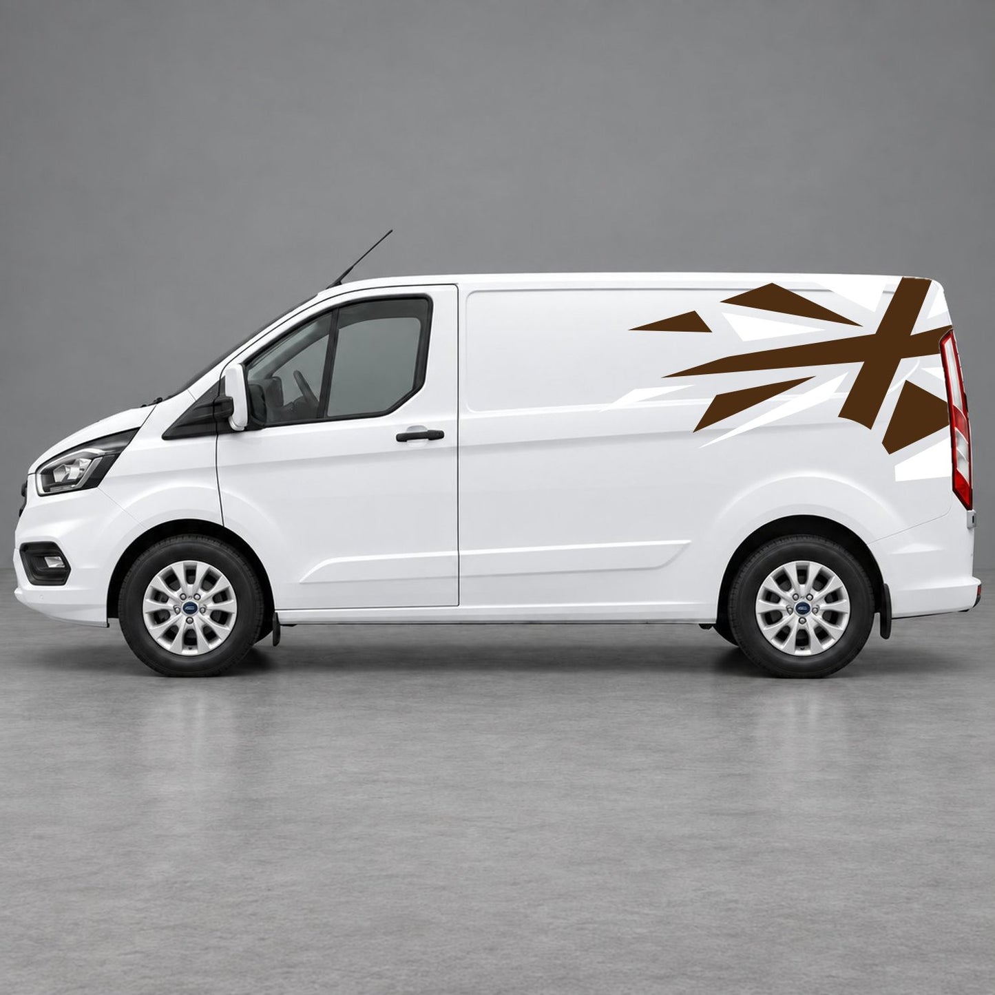 Ford Transit Custom Shattered Union Jack Side Graphics in White & Brown