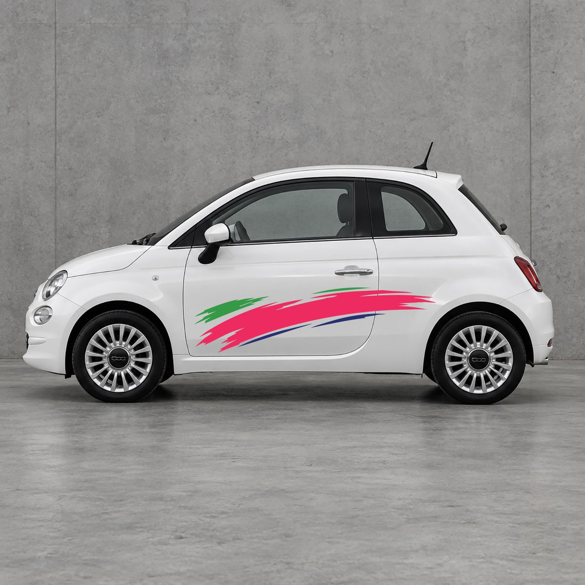Fiat 500 Italian Green Brush Side Graphics Kit - Pair Supplied in Pink & Navy Blue