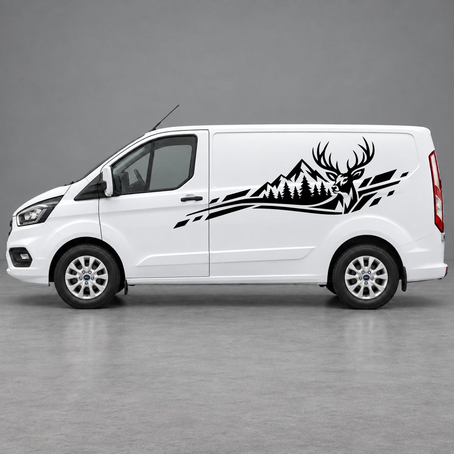 Ford Transit Custom Stag Mountain & Forest Side Graphics in Black