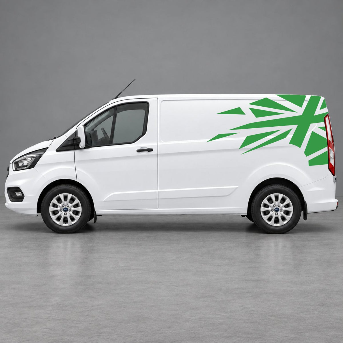 Ford Transit Custom Shattered Union Jack Side Graphics in Green & Green