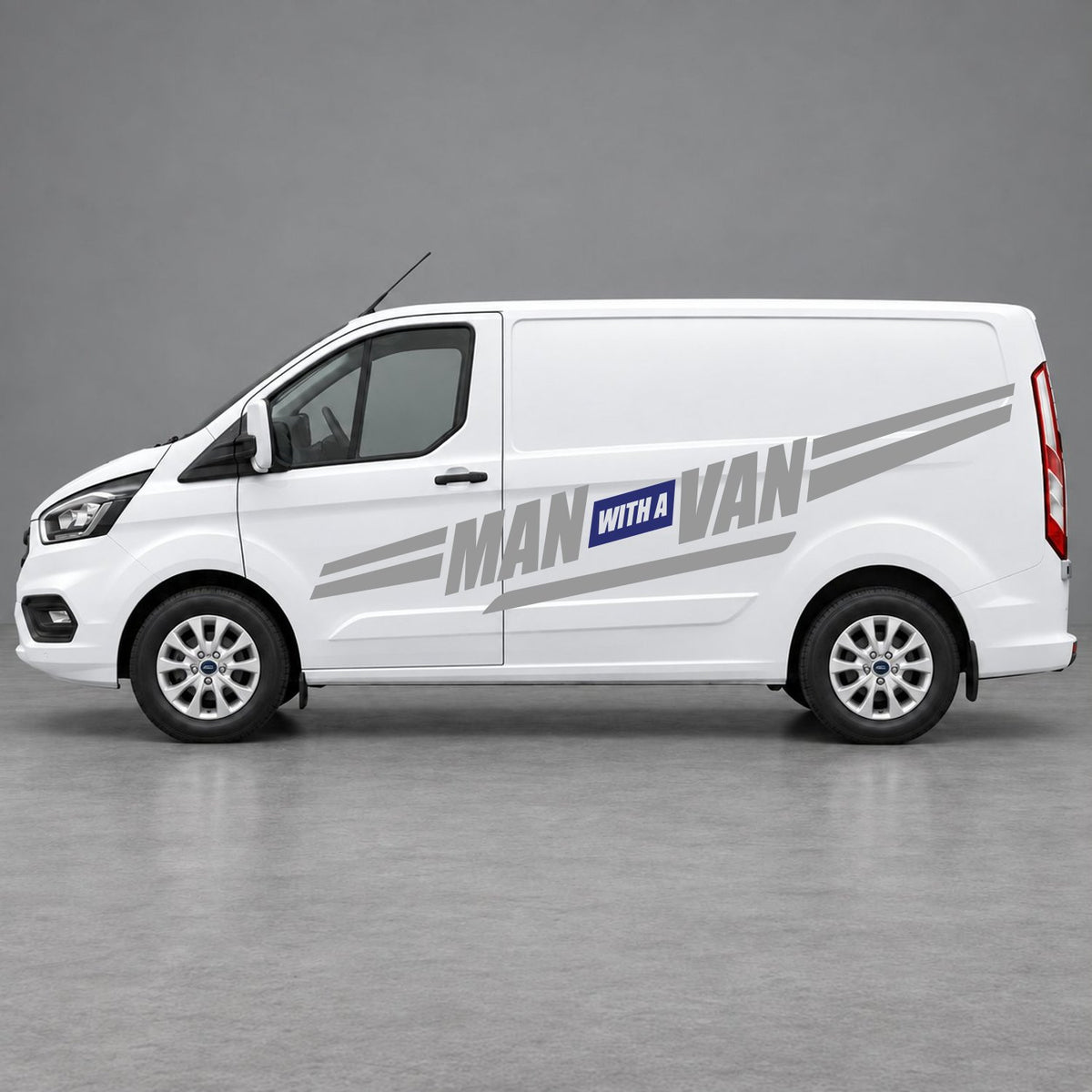Ford Transit Custom Man with a Van Side Stripes in Grey & Navy Blue