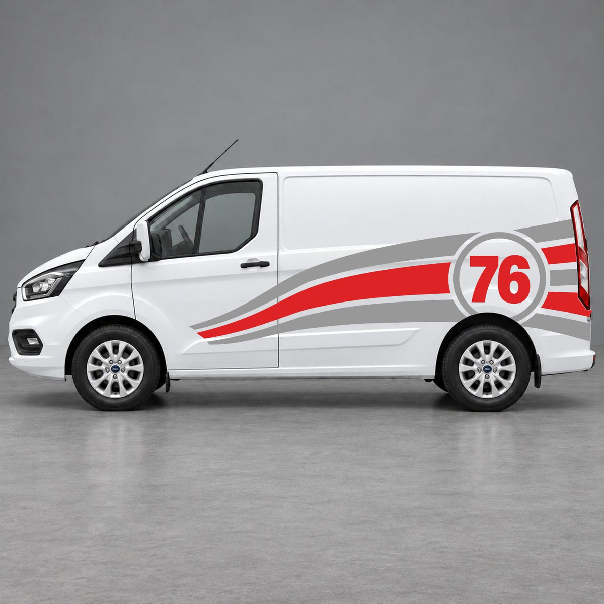 Ford Transit Custom Personalised Number 76 Racing Side Graphics in Grey & Red