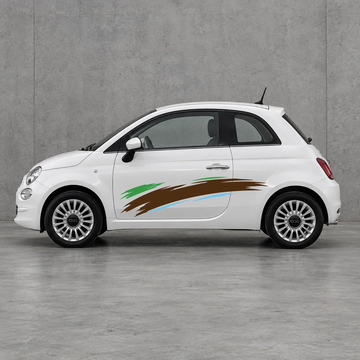 Fiat 500 Italian Green Brush Side Graphics Kit - Pair Supplied in Brown & Light Blue