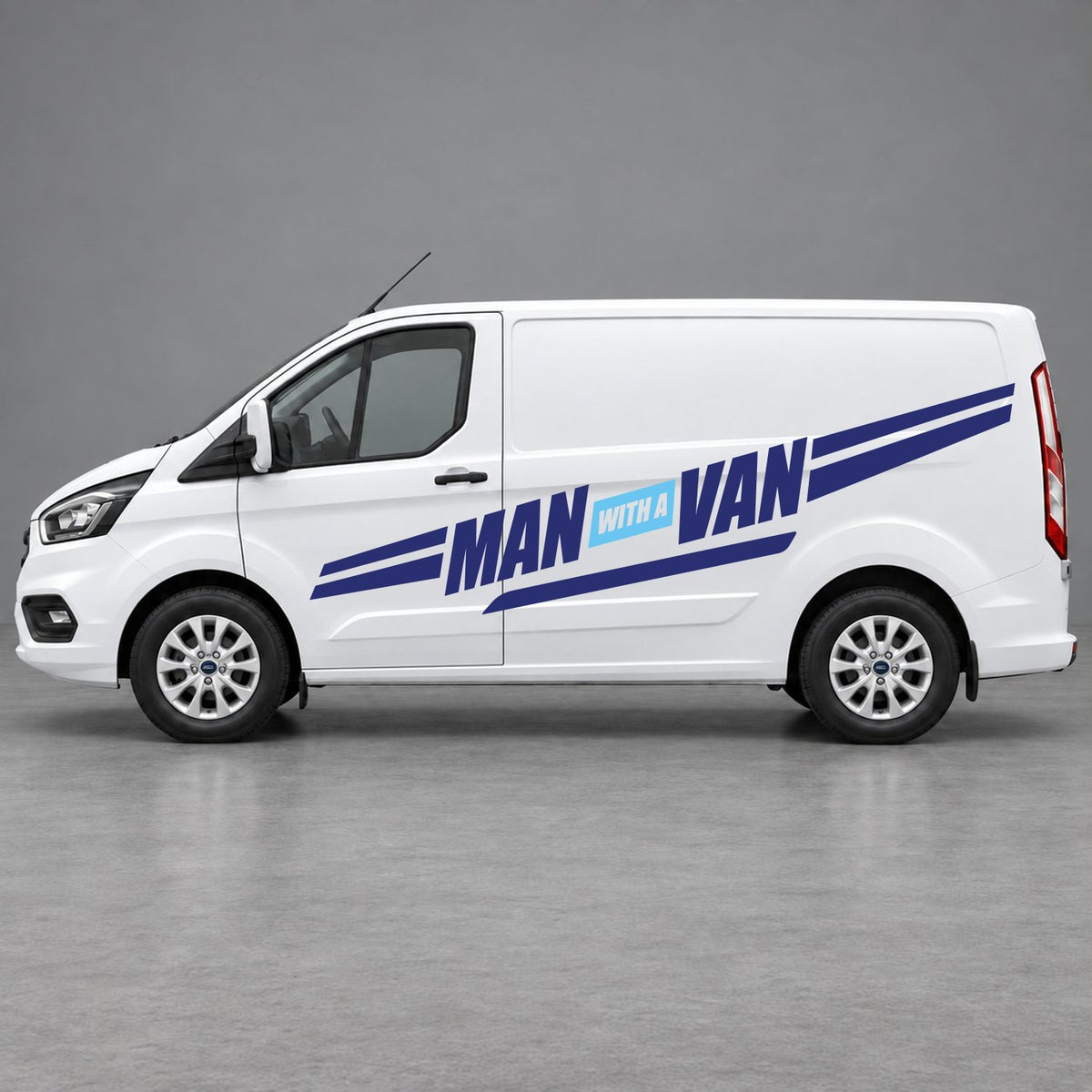 Ford Transit Custom Man with a Van Side Stripes in Navy Blue & Light Blue